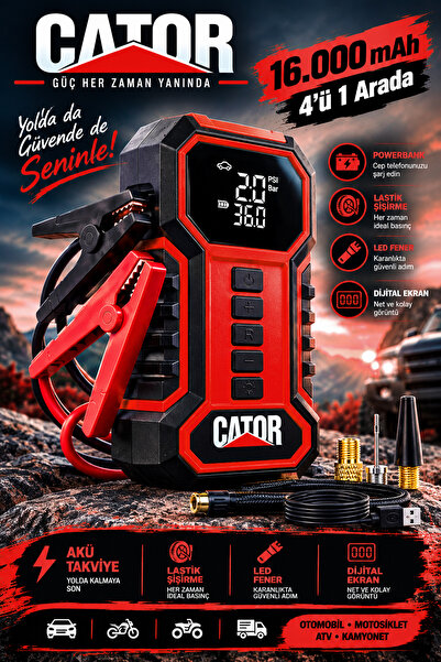CATOR 16.000 mAh Taşıma Çantalı Hava Kompresörü & Powerbank & Led Işık & Akü ...