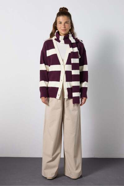 mina aise Cardigan tricotat moale cu dungi, pentru femei, culoare burgundy - ...