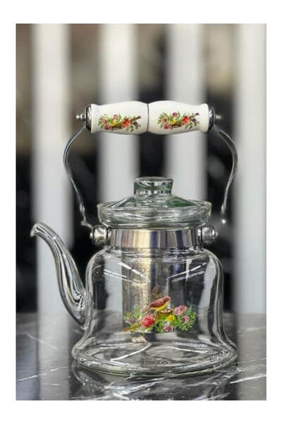 FAYA HOME Paçi Isıya Dayanıklı Cam Demlik 900 ml Porselen Saplı Kuş Desen Tas...