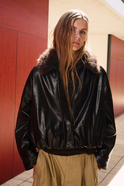 Pull & Bear Suni deri, suni kürk yakalı bomber ceket