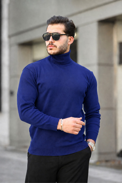 comstar Men's Trendy Turtleneck High-Neck Navy Blue Knitwear Sweater