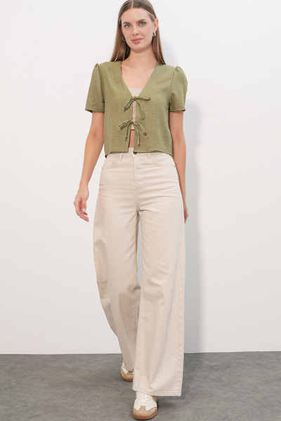 Modamorfo Women's Short Sleeve Crop Blouse 958 - Çağla