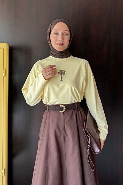 Ceylan Otantik Tereyağ Sarısı Palmiye Ağacı Nakışlı Süprem Reglan Kol Body