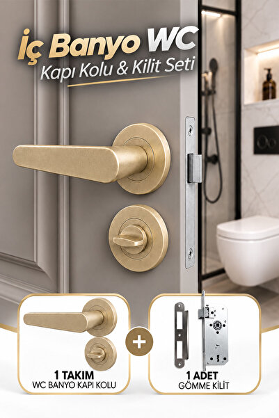 Badem10 Kayı Titanyum Rozetli WC Banyo Kapı Kolu+Sessiz Gömme Kilit 40 mm Kap...
