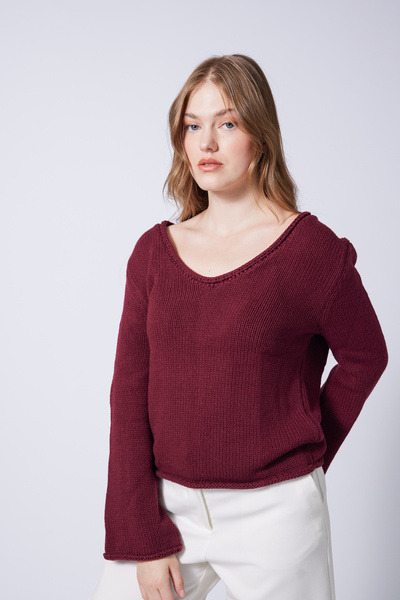 Nisan V-Neck Basic Knitwear Sweater Burgundy