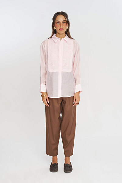 Orfeo Negro Women's Solid Color Shirt with Embroidery Panel on the Front