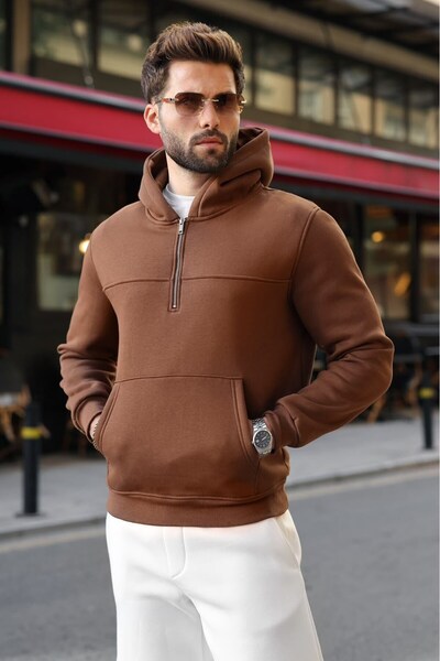 Madmext Brown Kangaroo Pocket Hooded Men's Sweatshirt E7218
