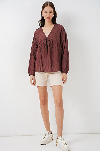 Modamorfo Women's Front Lace-Up Long Sleeve Blouse 946 - Brown