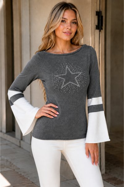 citystyle Women's Long Sleeve Spanish Sleeve Boat Neck Rhinestone Star Detail...