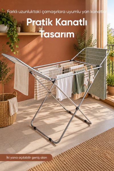Vienev Katlanabilir Metal Çamaşır Kurutmalık 176 cm Geniş Kanatlı Dayanıklı Ev Balkon Tipi Gri Çamaşırlık