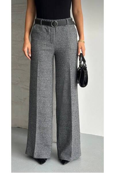 mor butik Women's Black Herringbone Patterned Wide Leg Palazzo Trousers with Pockets and Belt