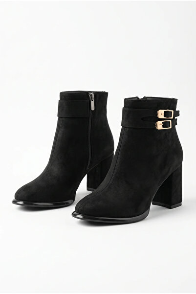 uqpe Women's Double Buckle Thick Heeled Round Toe Zippered Ankle Boots - Sole...