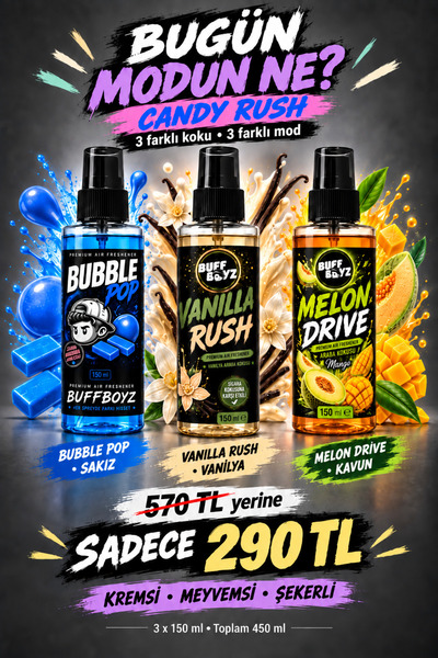 BUFFBOYZ Candy Rush 3’lü Araba Kokusu Seti 150 ml x3 – Vanilya, Kavun ve Sakı...