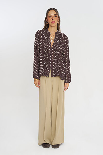 Orfeo Negro Women's V-Neck Ruffled Patterned Brown Shirt