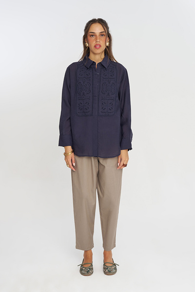 Orfeo Negro Women's Solid Color Shirt with Embroidery Panel on the Front