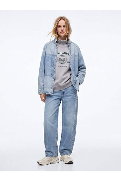 Ltb Relaxed Fit Letter Printed High Collar Gray Sweatshirt