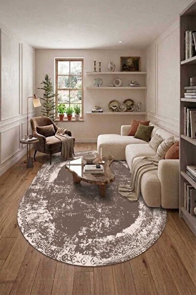 Qatalina Modern Vintage Kahve Oval Halı Kaymaz Taban Dijital Baskı Salon Otur...