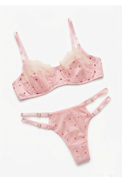La Linaa Pink Heart Patterned Tulle Underwire Bra Panty Lingerie Set