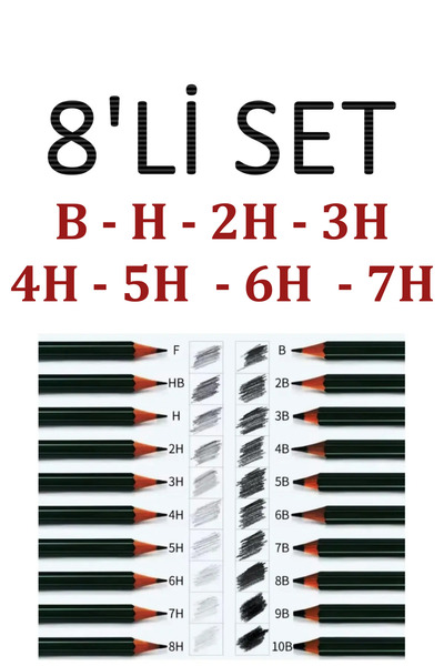 kitapsev Set of 8 H Drawing Pencils Graded Pencils 8 Pieces Fatih Graded Draw...