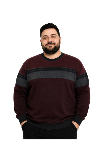 BattalModa Men's Large Size Melange Burgundy Striped Thessaloniki Crew Neck S...
