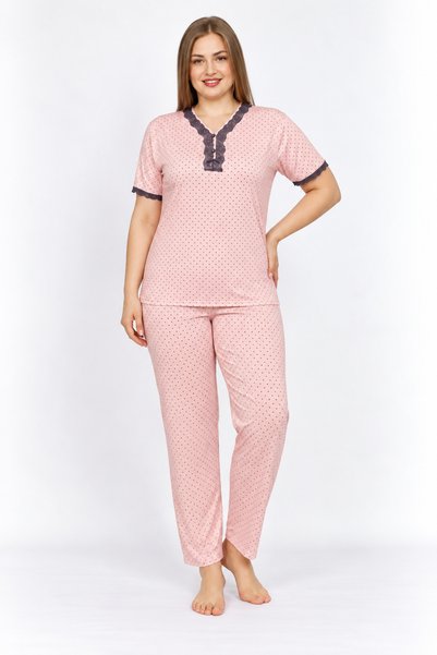 BOYRAZ Women's Big Size pajamas, short sleeves, long pants, pink color, polka...