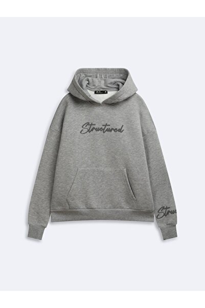 Ltb Relaxed Fit Letter Print Hooded Gray Sweatshirt