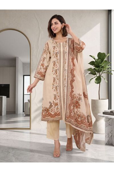 Generic Brand Women Cream Paisley Print 3-Piece Suit & Pant with Rust Border ...
