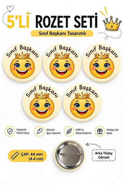 Sınıf Başkanı Öğrenci Okul Rozet Seti Ceket-Çanta-Kalemlik-Şapka-Aksesuar Rozeti (44mm) 5 Adet