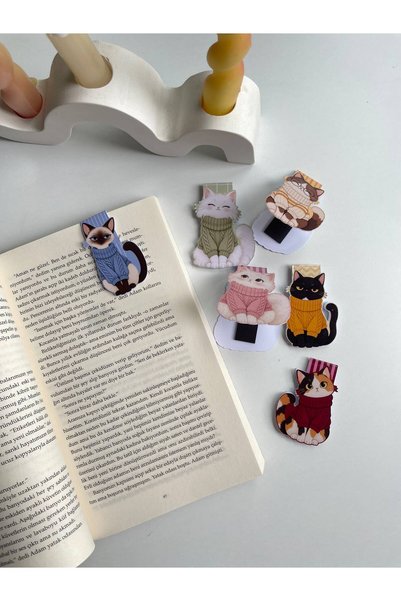 tinystoriestr Mıknatıslı Kitap Ayracı -Sonbahar Kedi Temalı-2/6 Adet - Magnetic Bookmark Page Marker