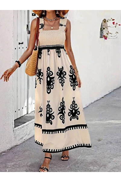 Modax Women's Strap Square Neck Gipe Detailed Patterned Suprem Dress