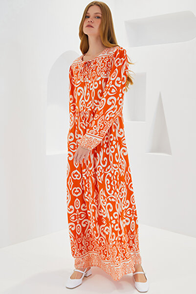 Modamorfo Women's Orange Ecru Patterned Long Viscose Dress 1947