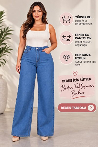 nd jeans 38-52 Ara Beden Yüksek Bel Esnek Geniş Paça Kot Pantolon – Büyük Bed...