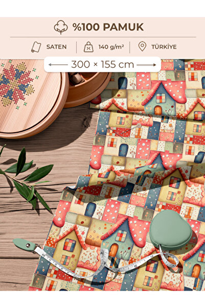 FabricMarket Țesătură din satin de bumbac 100% cu model patchwork – 300x155 c...