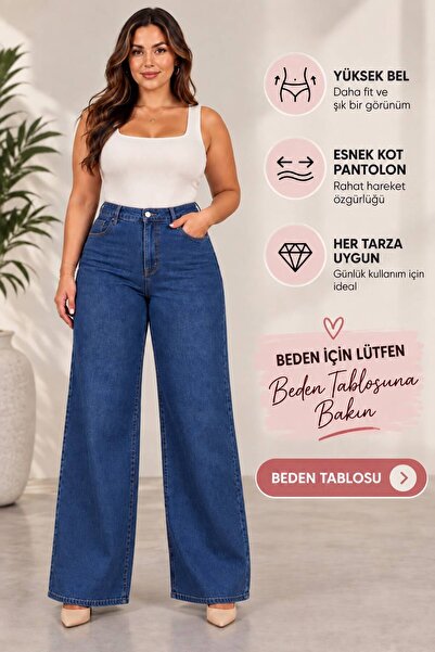 nd jeans 38-52 Ara Beden Yüksek Bel Esnek Geniş Paça Kot Pantolon – Büyük Bed...