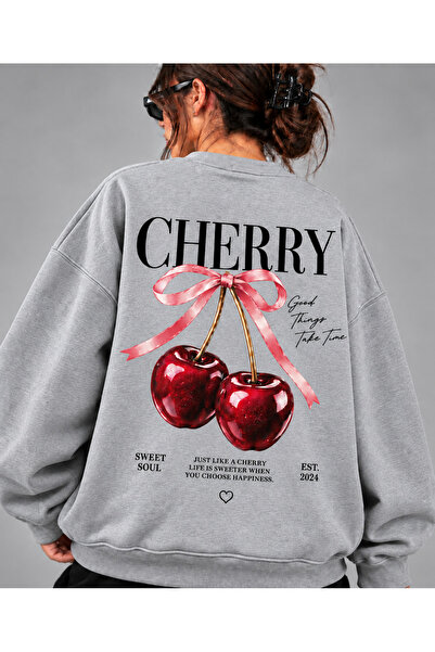 Revasser Unisex Kadın/Erkek CHERRY SWEATSHIRT Renkli Baskısız Oversize Bisikl...