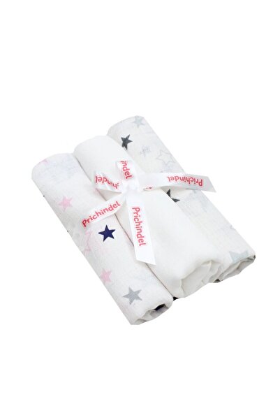 PRICHINDEL Set de 3 pături de muselină, albe cu stele gri și albe cu stele bl...