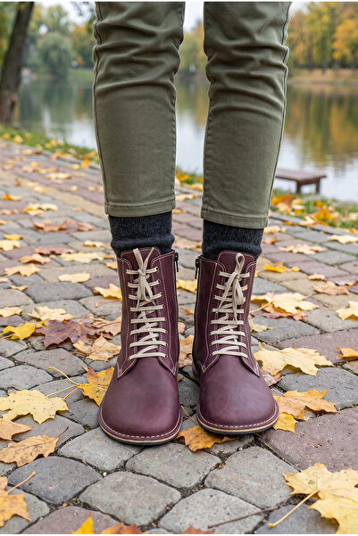 Kadın Bordo Barefoot Bağcıklı Bot Hakiki Deri El Yapımı