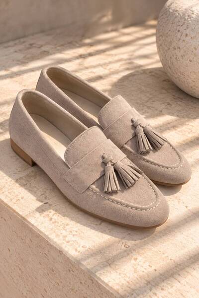 GNY AYAKKABI Gny Women's Mink Suede Look Tasseled Loafer Moccasin Shoes
