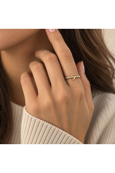nerora Adjustable Minimal Letter Ring with Stone Letter S