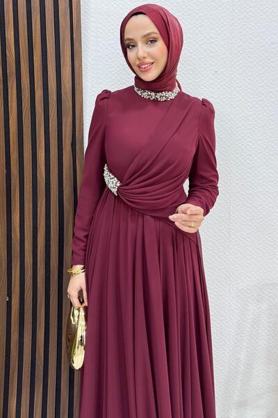 Lamia Giyim Ferda Taşlı Şifon Abiye Bordo