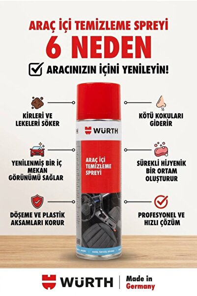 Würth Araç İçi Temizleme Spreyi 500 ml - Döşeme, Tavan ve Plastik Leke Sökücü...