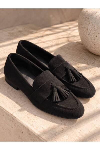 GNY AYAKKABI Gny Women's Black Suede Look Tasseled Loafer Moccasin Shoes