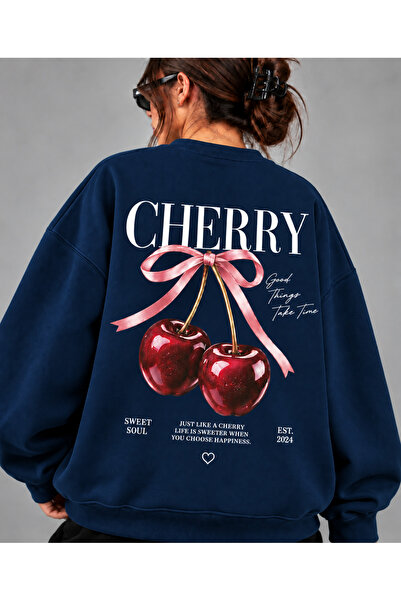 Revasser Unisex Kadın/Erkek CHERRY SWEATSHIRT Renkli Baskısız Oversize Bisikl...