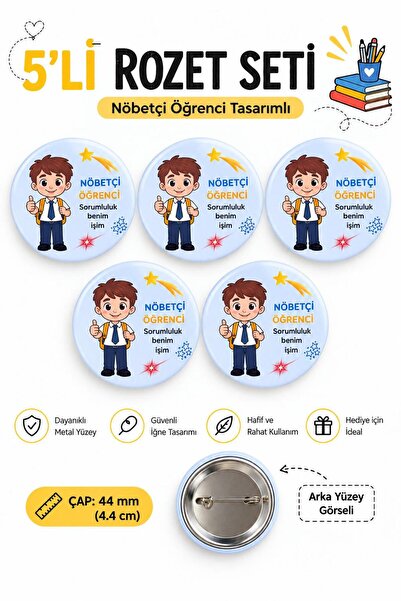 Nöbetçi Öğrenci Okul Rozet Seti Ceket-Çanta-Kalemlik-Şapka-Aksesuar Rozeti (44mm) 5 Adet