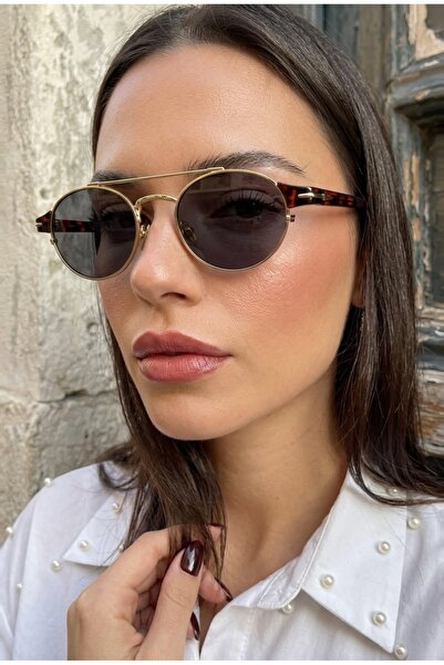 Chunky Frame Berina Unisex Elips Gold Leopar Çerçeveli Ultra Hafif Uv400 Filtreli Siyah Güneş Gözlüğü