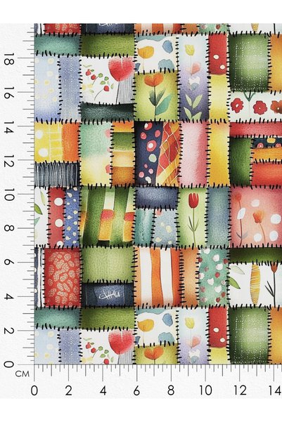 FabricMarket 100% Cotton Satin Patchwork Fabric – 300X155 cm – Floral Patchwork Pattern, in Green, Orange, and Blue Tones