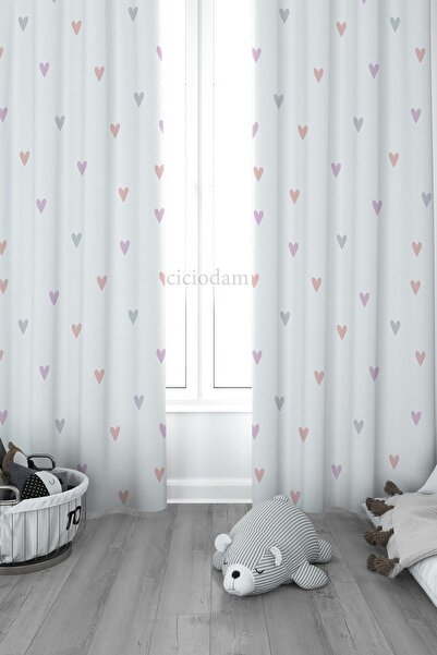 CİCİ ODAM Mor Pembe Gri Kalpler Çocuk Odası Perdesi 2 Kanat 5134