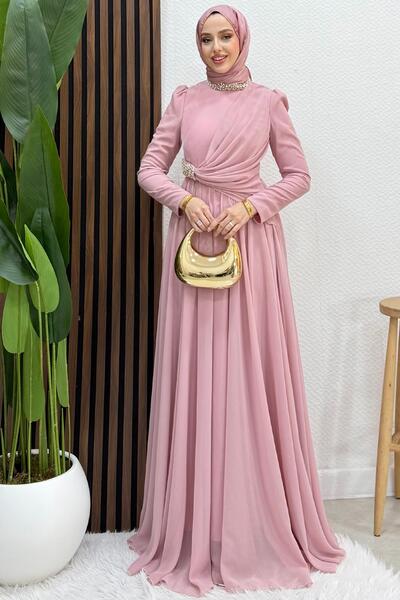 Lamia Giyim Ferda Taşlı Şifon Abiye Soft Pembe