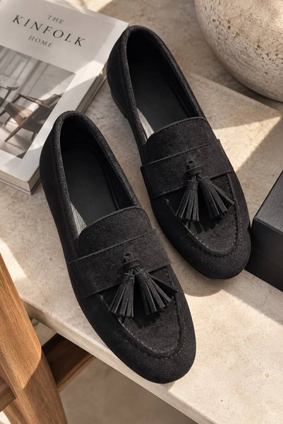 GNY AYAKKABI Gny Women's Black Suede Look Tasseled Loafer Moccasin Shoes