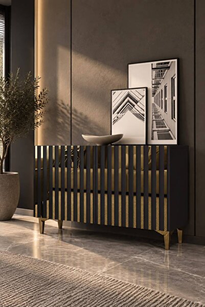 Modova Home 120MHK6 ADDEN PLEKSİ DESENLİ KONSOL TV SEHPASI ANTRASİT-ALTIN
